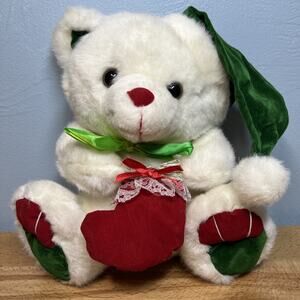 Vtg. Christmas White Bear Plush Red Green Stuffed Animal 11” Holding Stocking
